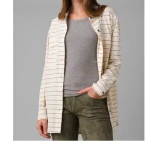 Prana Railay tunic White and gray oversized striped long sleeve button up shirt.